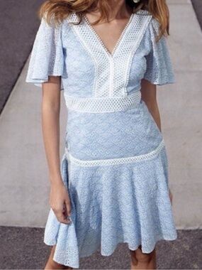 Light Blue Eyelet Lace Fit-and-Flare Dress with Crochet Trim